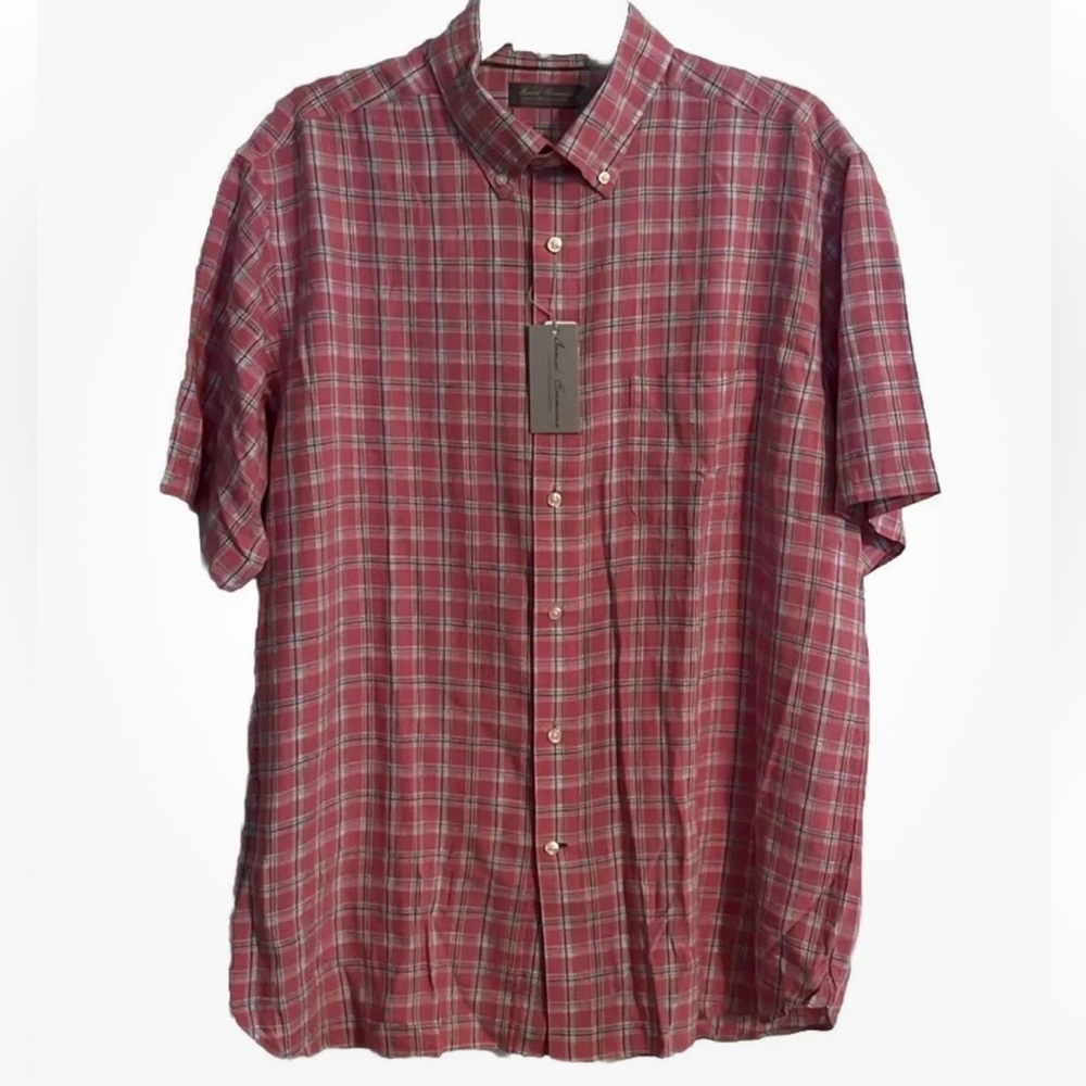 NWT Men’s Pink/Light Red Plaid Short Sleeve Linen Button Down